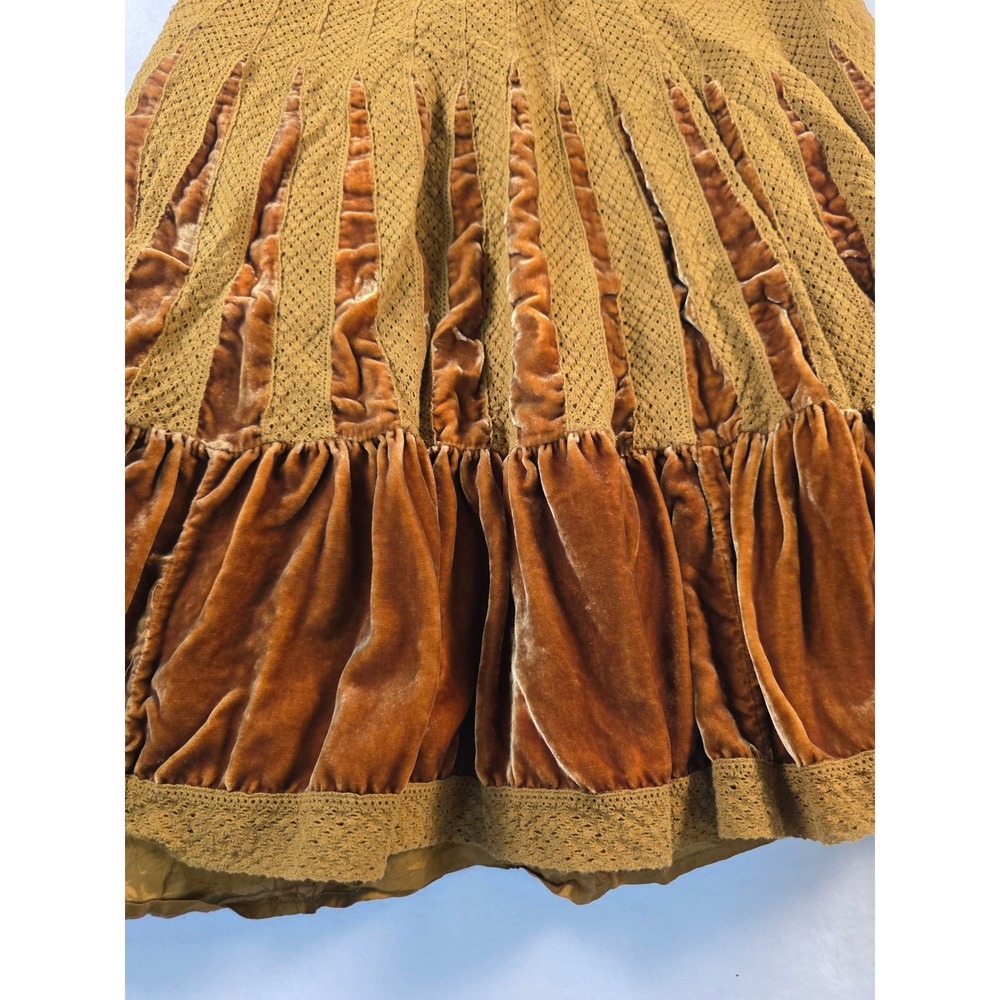 Free People Vintage Crochet Velvet Tiered Midi Skirt Boho 10 Mustard Bronze Y2K - Picture 2 of 7